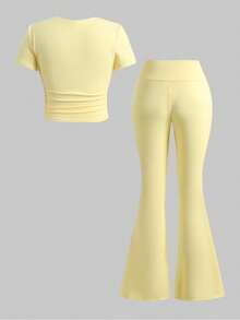 SHEIN Tween Girl Tween Girl Casual Daily Fitted Yellow Ruched Round Neck Top And Ruched Waist Flared Pants Set - Yellow - View 3