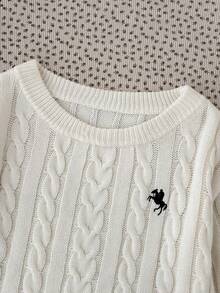 Girlism 兒童青少年女孩秋冬新款休閒日常小Logo刺繡針織露肩毛衣，學院風，返校季，白色上衣 - 白色 - 查看 7