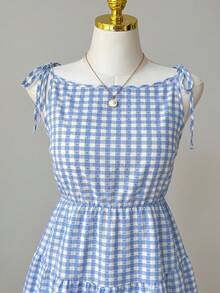 Comfortcana Plus Size Vacation Plaid Tie-Front Ruffle Hem Top Light Blue Summer Fairycore Cute Kawaii Wedding Guest Dates Date Night - Blue - View 7