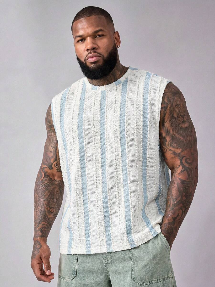 Manfinity RebelGame Men's Plus Size Round Neck Vertical Striped Fashion Casual Sleeveless Tank Top Vacation Blue And White Stripe Summer - Baby Blue - View 1