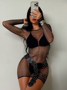 Swim SXY Hollow Out Long Sleeve Fishnet Jumpsuit With Round Neck And See-Through Cover Up Summer - Black - View 5