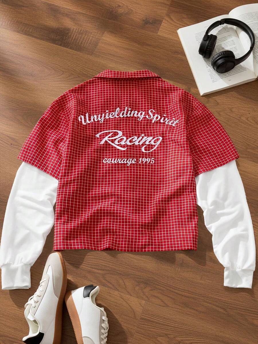 SWAVVY Camisa 2 en 1 para hombre con cuadros, patchwork y bordado de letras - Rojo - Ver 1