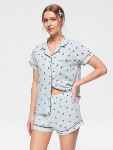 Bonmuse Conjunto de Pijama com Estampa de Laço, Manga Curta e Shorts para Mulheres - Azul bebê - Visão 5