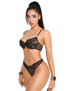 AltBold Sexy Floral Lace With Rhinestone Bow Sheer Underwire Push-Up Lingerie Set 2pcs - Black - View 4