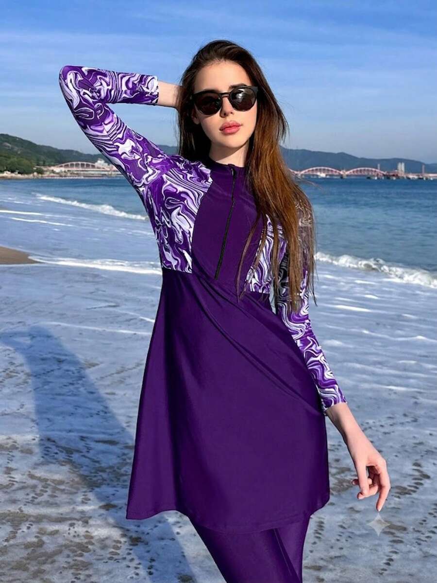 Swim Shayni 女款休閒端莊沙灘運動布料布基尼 3 件套 深紫色 夏季