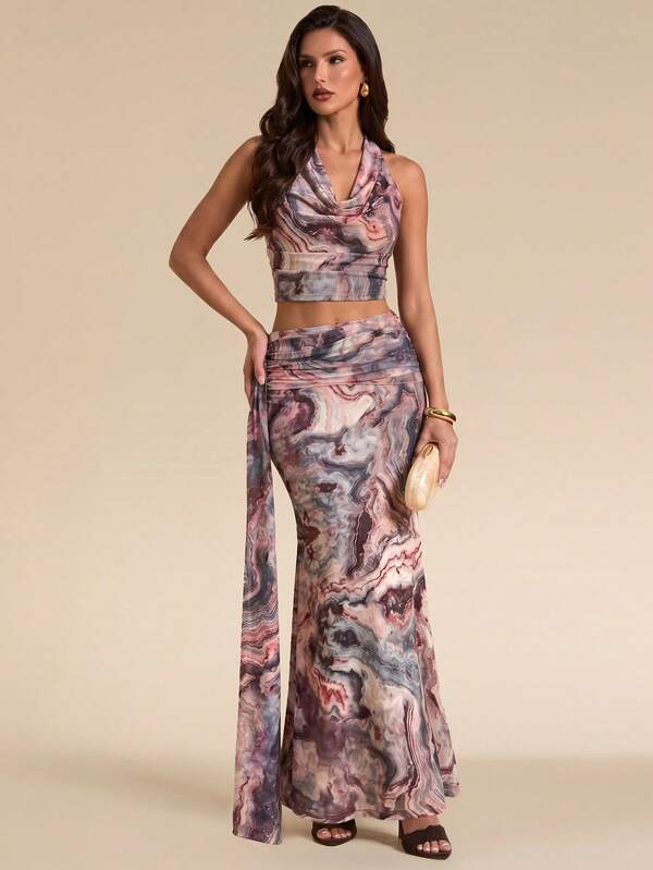 Bluhae Marble Tie-Dye Halter Neck Backless 2-Piece Set, Sexy Waist-Cinching Halter Top And Ruched Slit Maxi Skirt, Vacation Style Midriff-Barring Outfit