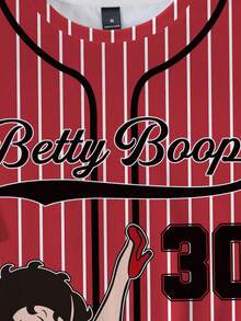 Betty Boop x SHEIN 男士條紋字母卡通印花休閒日常短袖T恤 - 白色 - 查看 5