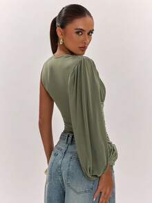 SHEIN BAE Women's Autumn Olive Green Elegant One-Shoulder Asymmetrical Ruched Puff Sleeve Top, Suitable For Commuting, Casual, Elegant, Ruched, Outing, Work, Mesh Knit - Army Green - View 2