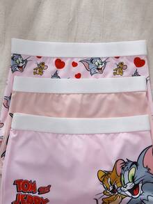 TOM & JERRY X SHEIN Calzoncillos tipo boyshorts casuales cómodos y lindos con estampado de dibujos animados y bloques de color para niña joven - Rosa Pálido - Ver 3