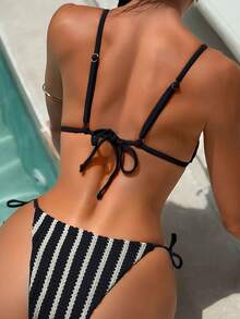 Swim SXY Women's Blue & White Striped Jacquard Fabric Spaghetti Strap Metal Decor Bikini Set, Spring/Summer - Black and White - View 2