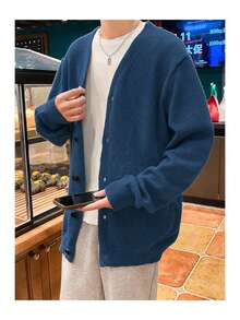 Manfinity Hypemode Men's Casual Versatile Solid Color Cardigan, Autumn/Winter - Navy Blue - View 4