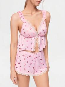 Bonmuse 2pcs/Set Women's Pink Cherry Print Lace Patchwork Pajama Top And Pants Loungewear Set - Pink - View 7