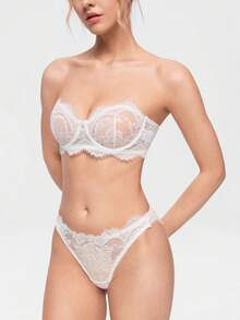 Bonmuse 2pcs White Lace Bandeau Bra Set, Delicate Lace Transparent & Sexy, Strapless Design Suitable For Bandeau Outfits, Sweet & Alluring, Suitable For Multiple Occasions And Groups, Underwire Style For Better Lift And Support - White - View 5