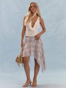MUSERA Drapiertes Top mit Wasserfall-Ausschnitt und gekreuztem Rücken, gerafften Seiten, sommerlich, mädchenhaft, für Alltag und Party, Y2K, weich, für soziale Anlässe - Weiss - Übersicht 5