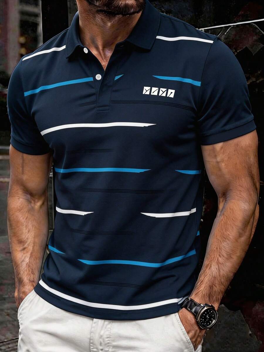 Manfinity Dauomo 男士夏季休閒上衣 標準尺寸 POLO 衫 (Number) 經典條紋印花圖案 經典藍休閒上衣 - 彩色 - 查看 1