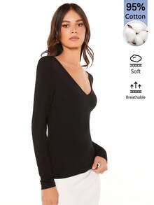 SHEIN BASICS 女款休閒百搭純色修身長袖T恤 - 黑色 - 查看 3