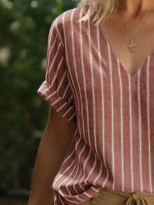 Zayélia 女款梭織休閒度假風簡約夏季襯衫 日常旅行穿搭 棕色條紋 - 彩色 - 查看 3
