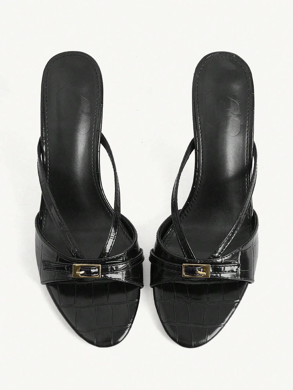 CUCCOO CHICEST Summer Elegant Commuter Cross With Metal Square Buckle Crocodile Pattern Round Toe Thin Heel High Heel Slippers Female Black
