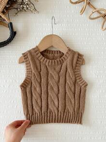 SHEIN LMoss Kids Baby Girl Solid Color Knit Round Neck Sleeveless Fitted Autumn Winter Sweater - Multicolor - View 3