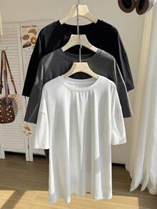 Comfortcana 春夏服飾 白色+黑色+灰色 3色圓領俐落百搭短袖寬鬆大尺碼T恤 3件組 春夏百搭俐落寬鬆T恤多件套裝 - 彩色 - 查看 3