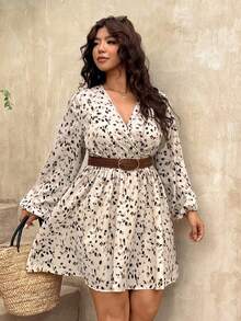 SHEIN Frenchy Plus Size Dress, Plus Size Waist-Cinching Dress, Small A-Line Dress, Ditsy Floral Dress, V-Neck Long Sleeve Mini Dress Fall/Winter Vacation Dress - Apricot - View 6