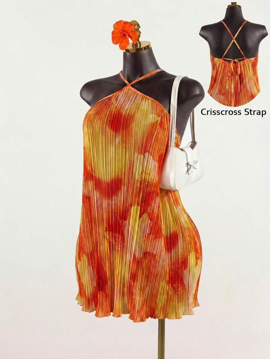 SaltGleam SaltGleam Robe mini ample à col licou tie-dye pour femmes, pour les vacances - Multicolore - Voir 1