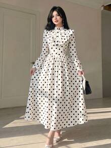 Celisse Women's Polka Dot Print Cinched Waist Long Sleeve Ruffle Hem Mid-Length Dress, Elegant Commuter Style For Autumn/Winter - Multicolor - View 5
