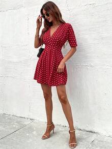 SHEIN 女款 V 領波點百褶休閒約會旅行洋裝 - 紅色 - 查看 3