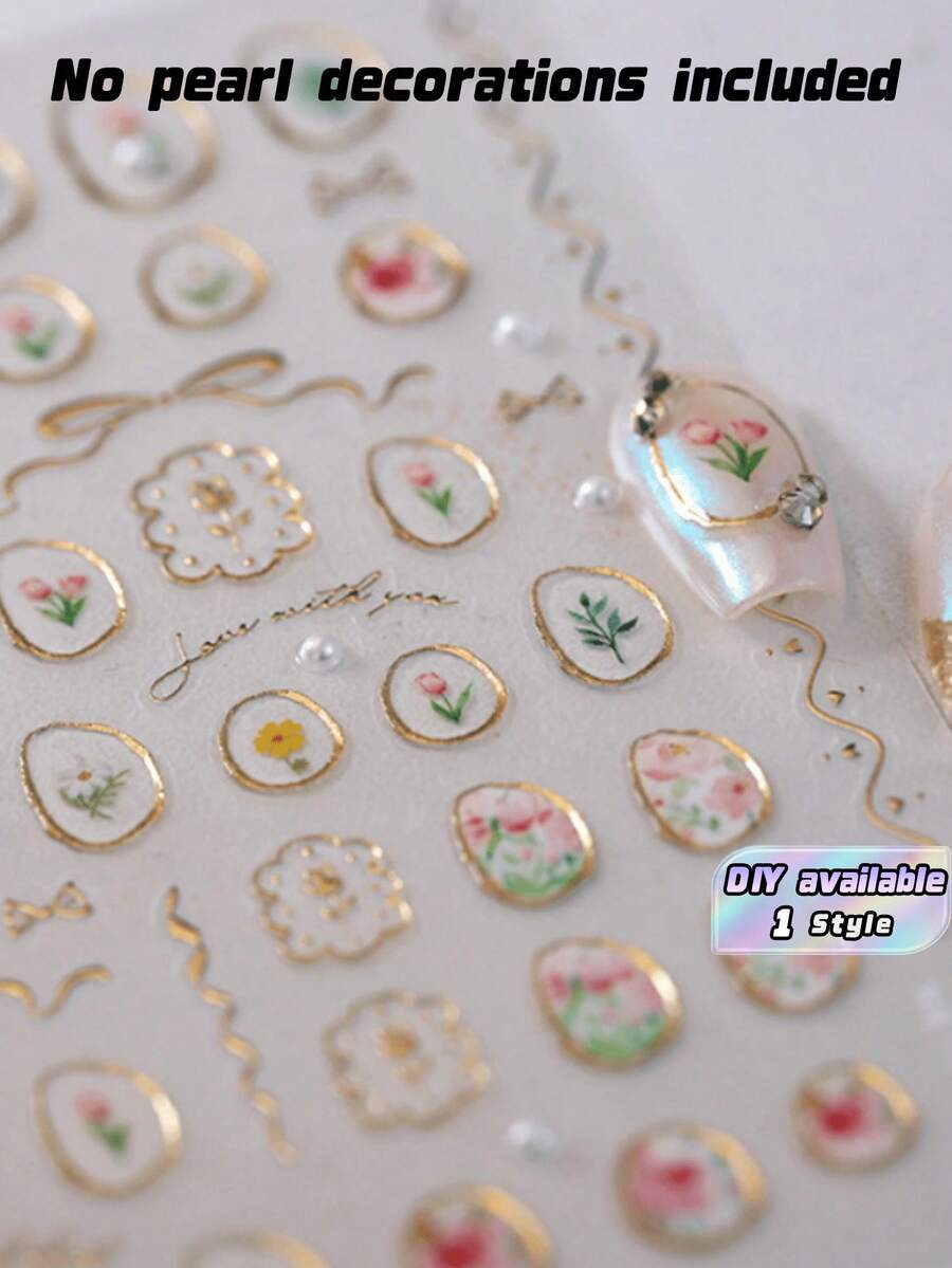 1 pièce d'autocollant d'ongles en gelée de tulipe bronze, autocollant d'ongles à fleurs perles de style japonais mignon, décalcomanie d'ongles à fleurs 5D DIY. - Multicolore - Voir 1