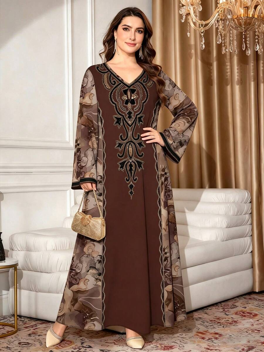 SHEIN Najma 女款大尺碼棕色漸層紮染花卉印花拼接V領長袖春夏優雅端莊夏威夷阿拉伯風洋裝,適合家庭派對 - 彩色 - 查看 1