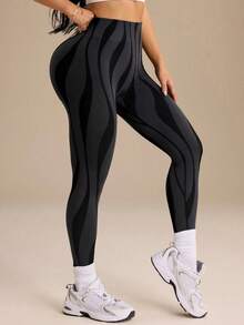 SHEIN Sports 女款黑色斑馬紋戶外健身瑜珈跑步運動緊身褲 - 黑色 - 查看 3