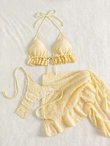 Swim Mod 3-Piece Textured Halter Bikini Set With Ruffle Cover Up Skirt - Pale Yellow - View 3
