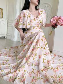 Modelyn 女款短袖數位印花收腰長洋裝，披肩袖荷葉邊下擺，優雅迷人時尚 Y2K 約會派對女裙，海灘度假碎花洋裝 - 淺粉色 - 查看 6