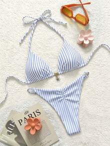 Soleia Women's Retro Striped Print Swimwear Set, Suitable For Beach, Bikini - Multicolor - View 8