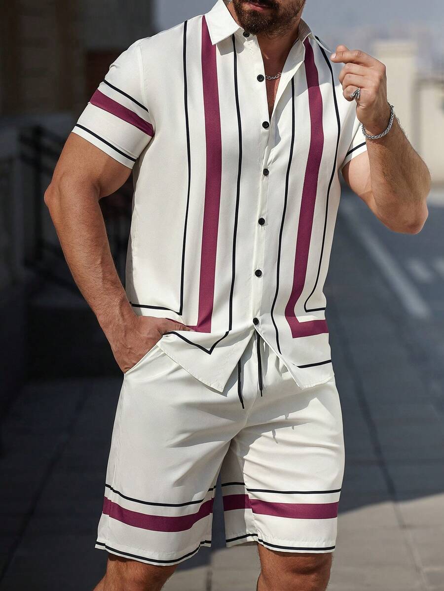 Manfinity CasualCool 男士拼色條紋襯衫短褲休閒套裝 - 紫色 - 查看 1