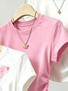 SHEIN 少女收腰短袖T恤盲盒 3合1隨機發貨 粉色大百合花印花短袖T恤 白色粉色 適合外出街頭日常基礎百搭 春夏秋冬四季皆宜 - 彩色 - 查看 4