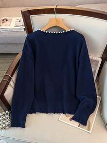 GlowEve CURVE Plus Size Elegant Beaded Round Neck Long Sleeve Cardigan - Navy Blue - View 2