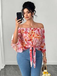 Elenzga Plus Size Women's Casual Floral Print Tie-Front Off-Shoulder Blouse - Multicolor - View 5