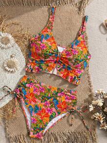 Swim Vcay 女款海灘度假風荷葉邊抽繩性感豹紋細肩帶比基尼上衣 - 彩色 - 查看 3