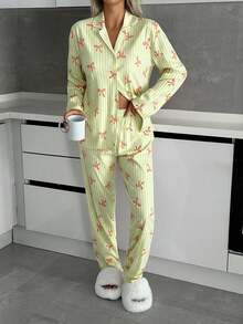 SHEIN Conjunto de pijama de 2 piezas con botones delanteros y estampado a rayas y de patrón para mujer talla alta - Verde - Ver 5