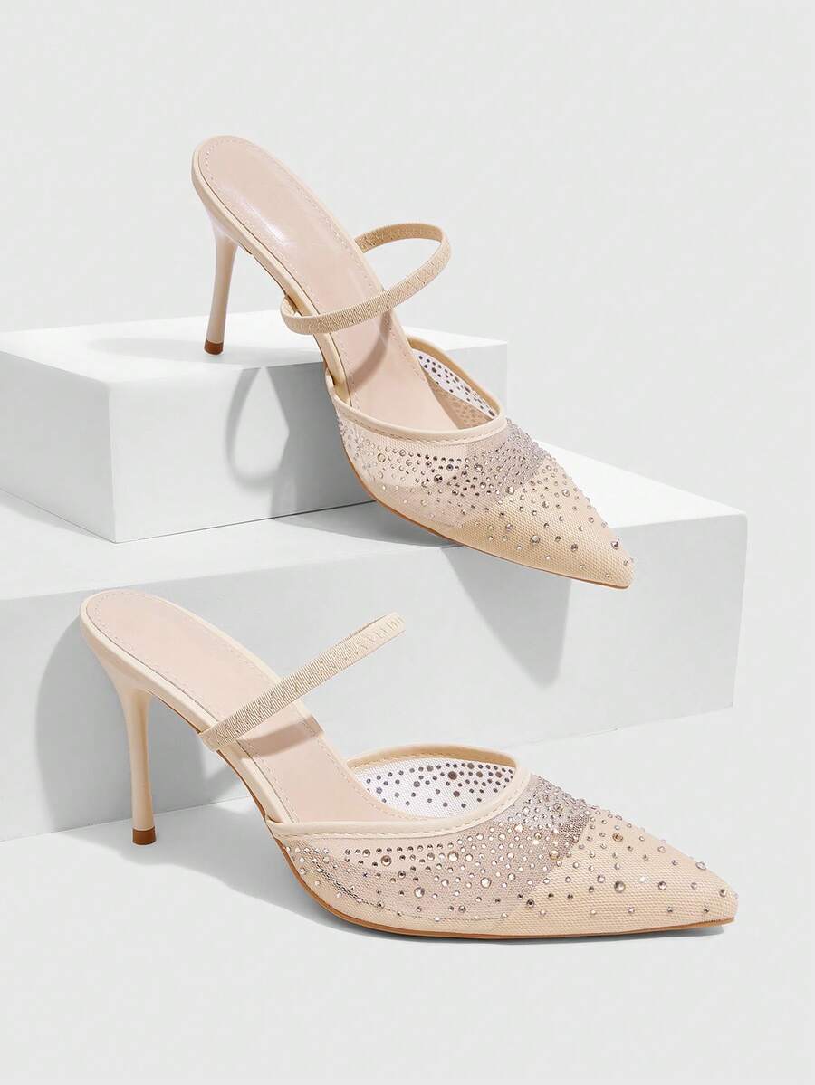 CUCCOO SZL Women Shoes Line Mesh Hot Diamond Pointed Toe Thin Heel Back Tripple Strap Sandals Light Ripe Fairy Style Spring And Summer Models Suitable For Wedding - Apricot A - View 1
