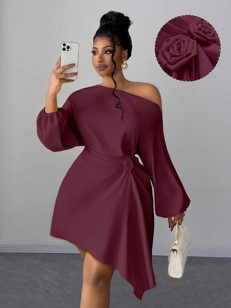 Maweii Gaun Kuning Wanita Ukuran Plus Minimalis untuk Musim Semi, Gugur, dan Musim Dingin dengan Leher Asimetris, Hem Model Sapu Tangan, Lipatan Mawar 3D, Pinggang Ramping, Desain Liburan Modis Elegan, Pakaian Sehari-hari, Kencan, dan Perjalanan - Rose Red - View 1