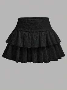 SHEIN Tween Girl Double Layer Ruffle Hem Fashion Skirt - Black - View 3