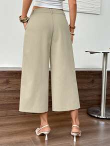 Easowa Women's Solid Color Pleated Design Wide Leg Loose Capri Pants - Khaki - View 4