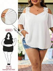 SHEIN CURVE+ 女款大尺碼夏季度假純色露肩休閒短袖襯衫 - 白色 - 查看 7