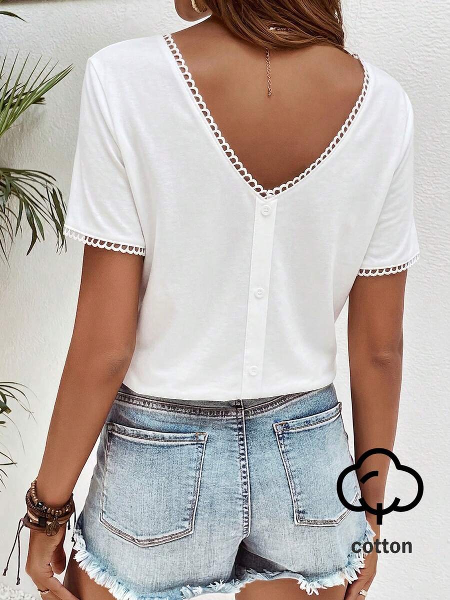 SHEIN Frenchy 95%白色棉彈力纖維女款V領基礎款T恤,適合春夏穿著 - 白色 - 查看 1
