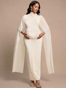 MaterniChic Elegant Chic Two Pieces Maternity Party Photoshoot Set: Cream Dress With Matching Shawl Stylish Fall Maternity Wear Suitable For Evening Events - Beige - View 3
