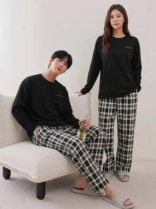 DAZY Set Piyama Kaos dan Celana Kotak-kotak Motif Huruf untuk Pria, Pakaian Musim Gugur dan Musim Dingin - Hitam - View 6