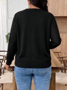 SHEIN Plus Size Elegant Hollow Out Round Neck Long Sleeve Pullover Sweater Winter - Black - View 2