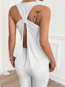 Easithlete Solid Color Twisted Back Split Sports Tank Top - White - View 2
